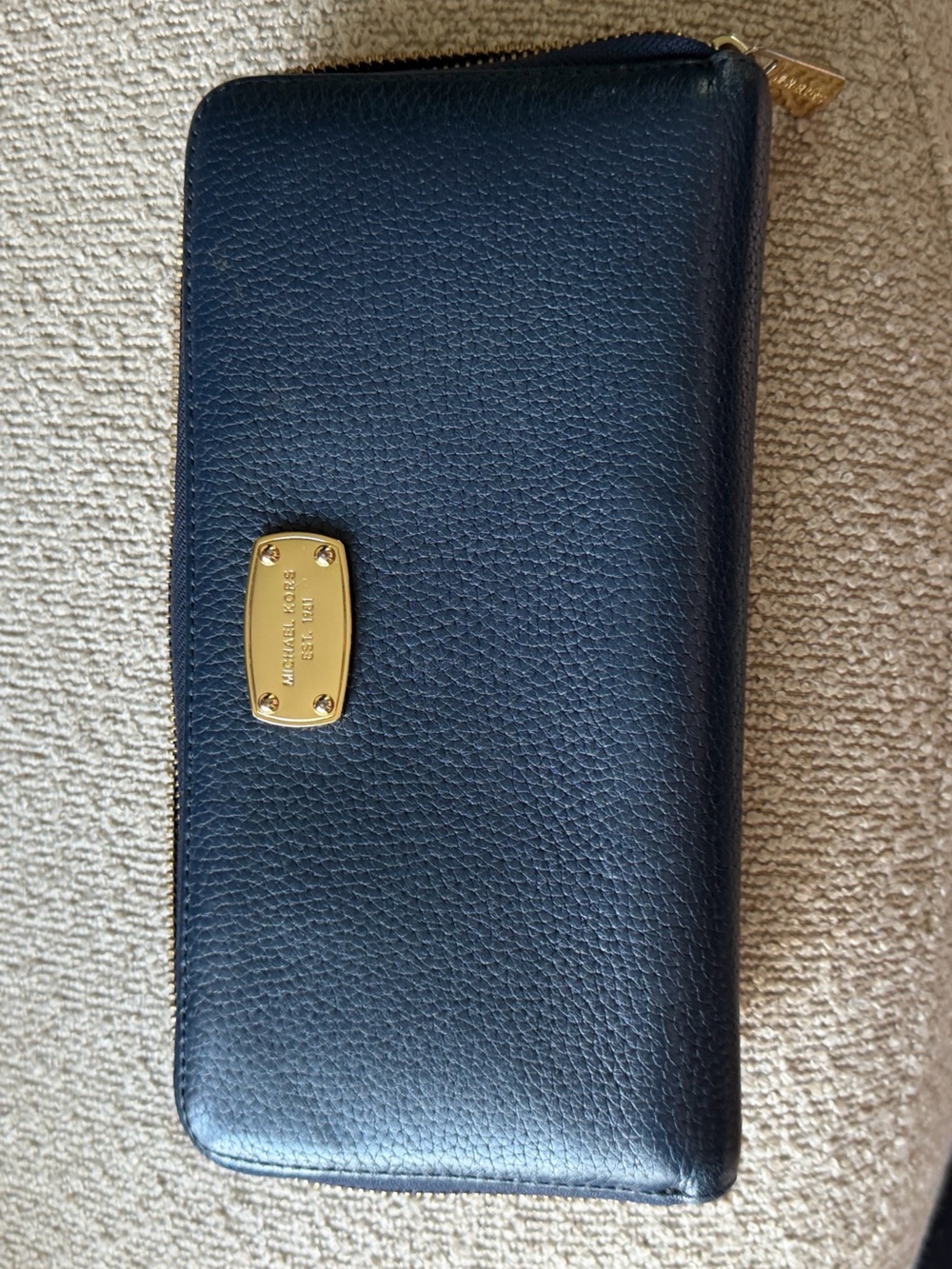 Michael Kors Dark Blue Pebbled Leather Zip Wallet with Gold Plate
